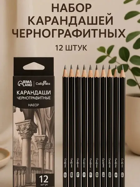 Чернографитные карандаши 12 штук (14В-2Н)