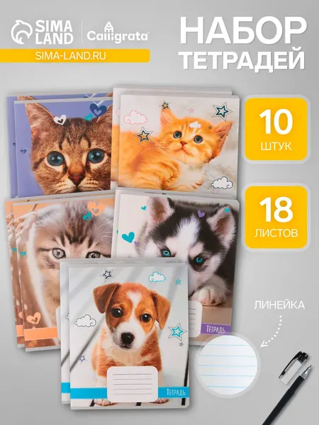 Комплект тетрадей из 10 штук, 18 листов в линию Calligrata Домашние животные , обложка мелованный картон, ВД-лак, блок офсет, 5 видов по 2 штуки