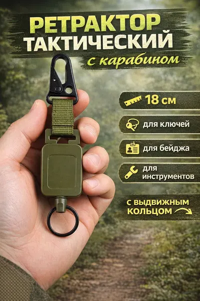 Ретрактор туристический с выдвижным кольцом и карабином, 18 см
