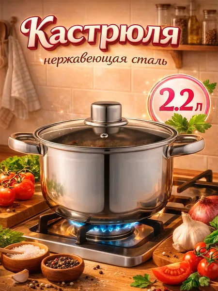 Кастрюля из нержавеющей стали, Доляна "Классика", 2,2 л, диаметр 19 см, с крышкой, капсульное дно