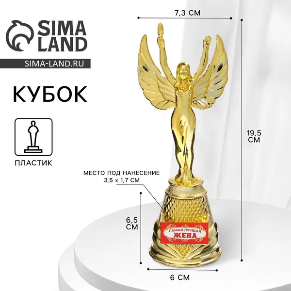 Кубок наградная фигура Ника "Самая лучшая жена", пластик, золото, 19,5 х 7,3 см