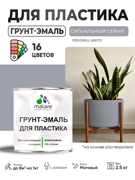 Грунт-Эмаль для пластика Malare краска для пластика/ для сайдинга, для окон и подоконников ПВХ/ для внутренних и наружных работ, быстросохнущая RAL 7004 сигнальный серый, матовая, 2,5 кг