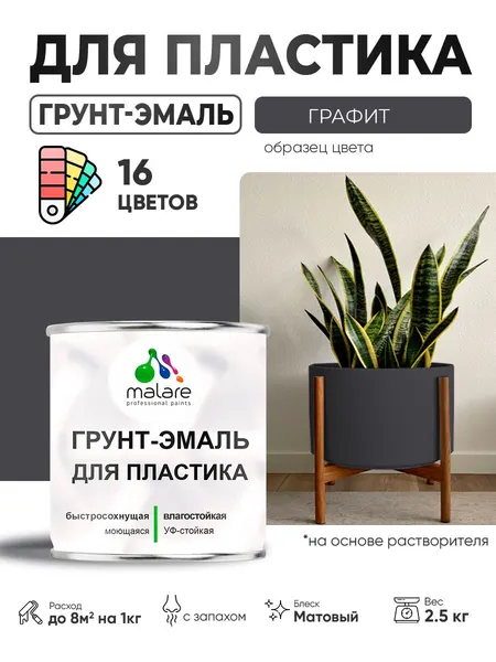 Грунт-Эмаль для пластика Malare краска для пластика/ для сайдинга, для окон и подоконников ПВХ/ для внутренних и наружных работ, быстросохнущая RAL 7024 графитово-серый(темный), матовая, 2,5 кг