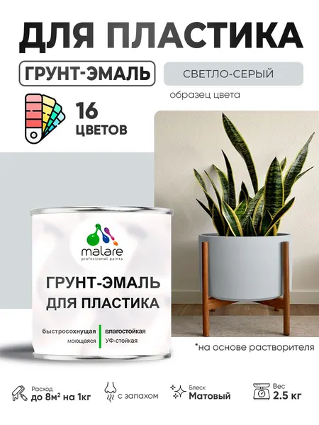 Грунт-Эмаль для пластика Malare краска для пластика/ для сайдинга, для окон и подоконников ПВХ/ для внутренних и наружных работ, быстросохнущая RAL 7035 светло-серый, матовая, 2,5 кг