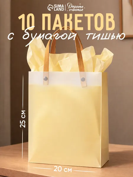 Подарочные пакеты, набор, с бумагой тишью, 10 шт, 25 х 8 х 20 см