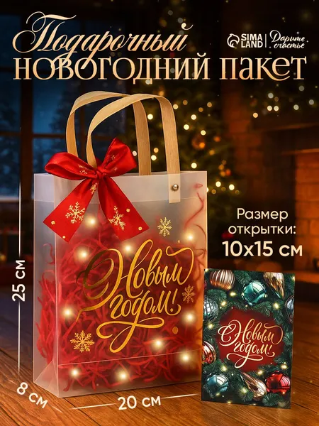 Пакет подарочный новогодний, с лентой и гирляндой, 20 х 8 х 25 см