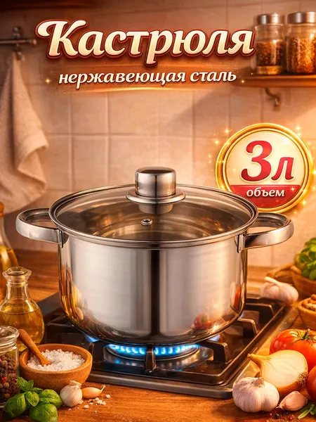 Кастрюля из нержавеющей стали, Доляна "Классика", 3 л, диаметр 20 см, с крышкой, капсульное дно