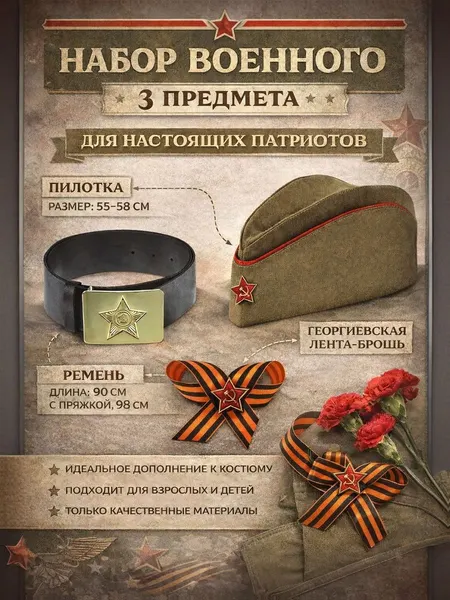 Набор на 23 февраля "Страна Карнавалия", пилотка военная детская, георгиевская лента брошь