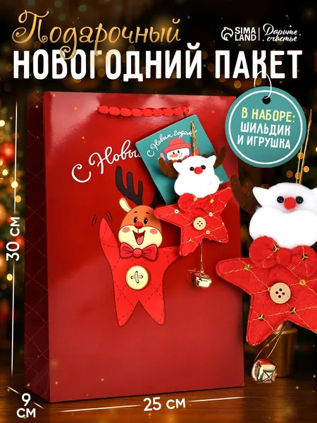 Пакет подарочный новогодний, с ёлочной игрушкой, 25,5 х 30 х 9 см