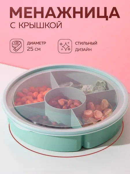 Менажница с крышкой, 5 секций, диаметр 25 см, пищевой пластик, цвет фисташковый
