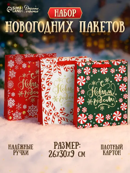 Пакеты новогодние подарочные, набор 3 шт, 26 х 30 х 9 см