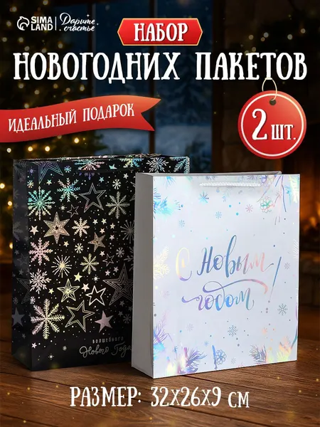 Пакеты подарочные новогодние, набор 2 шт, 26 х 32 х 9 см