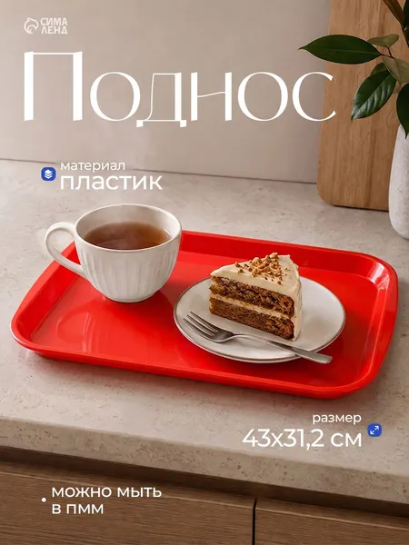Поднос пластиковый, 43x31.2x2.3 см, прямоугольный, красный