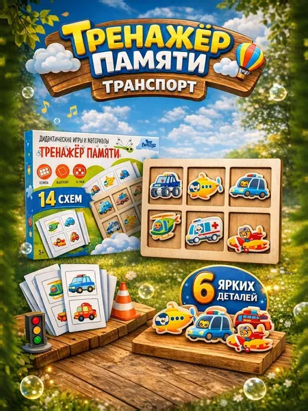 Развивающие игры для детей от 3 лет, "Транспорт", развивающие игрушки от 3 лет, тренажер памяти, деревянный