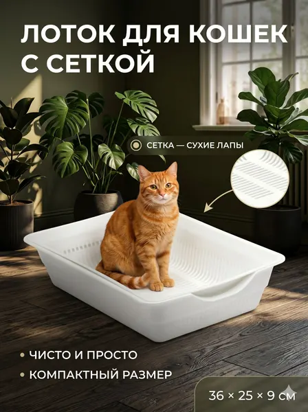Лоток для кошек большой, с сеткой, 36x25x9 см, глубокий