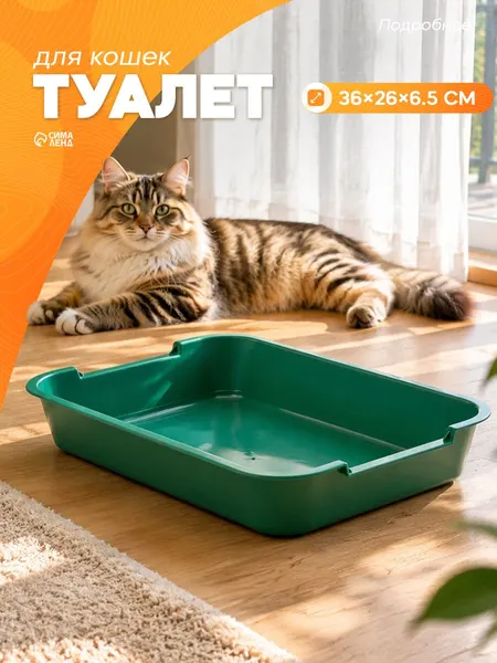 Лоток для кошек большой, 36x26x6.5 см, без сетки, зелёный