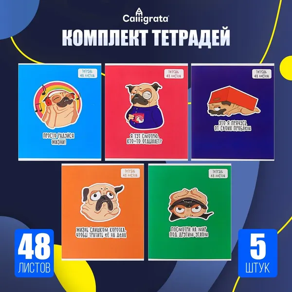 Комплект тетрадей из 5 штук, 48 листов в клетку Calligrata "Мопс", обложка мелованный картон, блок офсет
