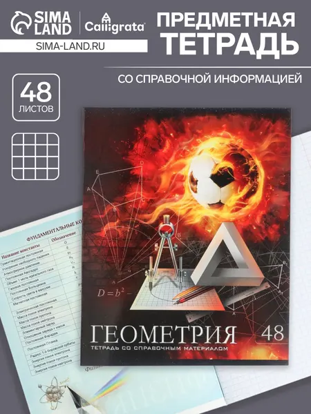 Тетрадь предметная 48 листов в клетку Calligrata, Футбол. Геометрия , обложка мелованный картон