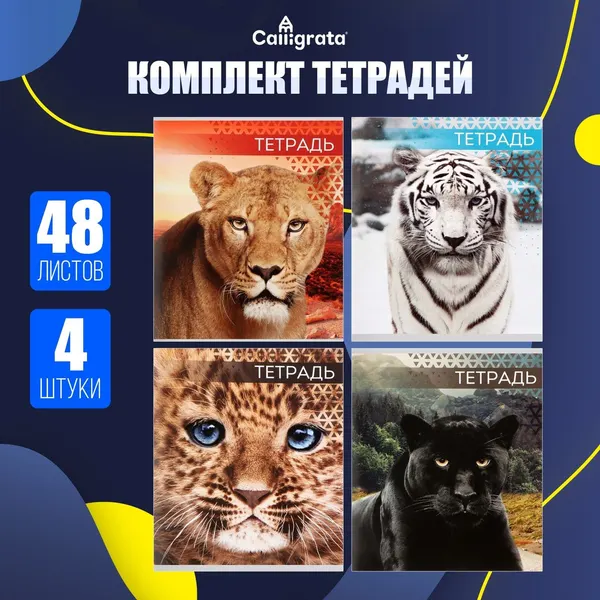 Комплект тетрадей из 4 штук, 48 листов в линейку Дикие кошки , серые листы