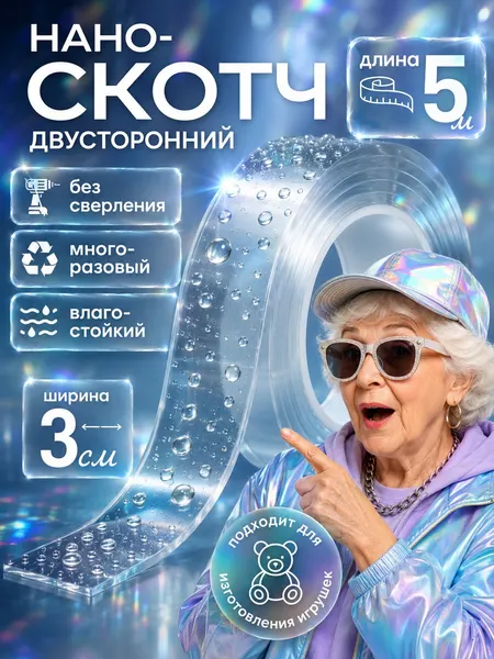 Нано-скотч двусторонний прозрачный, 5 м, многоразовая клейкая лента для крепления без сверления