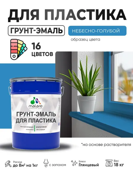 Грунт-Эмаль для пластика Malare краска для пластика/ для сайдинга, для окон и подоконников ПВХ/ для внутренних и наружных работ, быстросохнущая RAL 5015 небесно-голубой, глянцевая, 18 кг