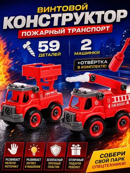 Конструктор винтовой с отверткой "Пожарный транспорт", 59 деталей, конструктор для малышей