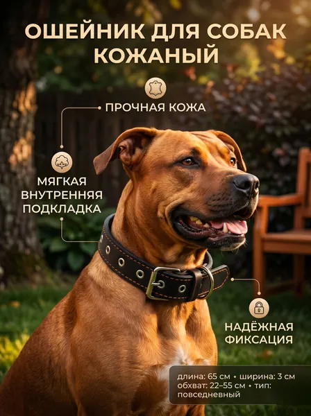 Ошейник для собак, 65x3 см, ОШ 22-55 см, для средних и крупных пород, кожаный, безразмерный