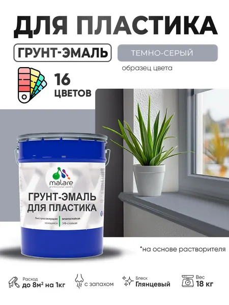 Грунт-Эмаль для пластика Malare краска для пластика/ для сайдинга, для окон и подоконников ПВХ/ для внутренних и наружных работ, быстросохнущая RAL 7040 темно-серый, глянцевая, 18 кг