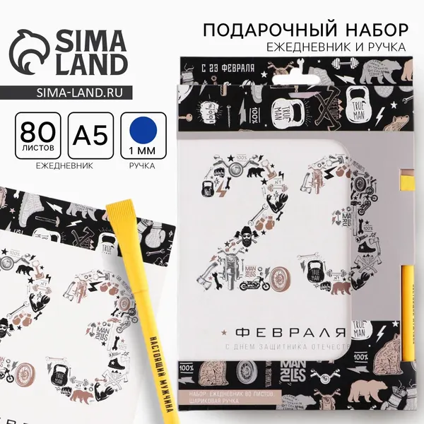 Канцелярский набор настольный для мужчин: "День защитника Отечества" ежедневник А5 80 листов и экоручка