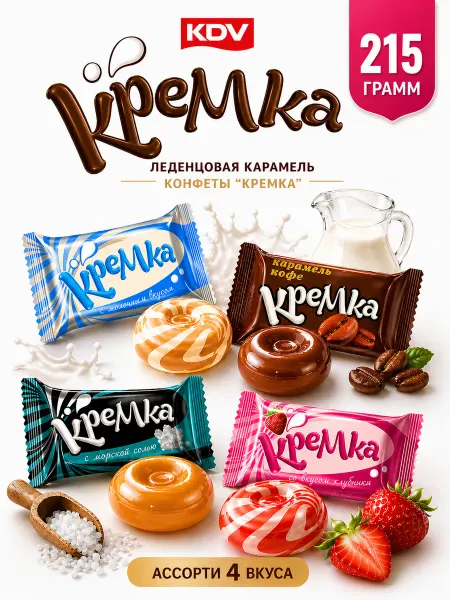 KDV Конфеты карамель леденцовая Кремка 4 вкуса 215 г
