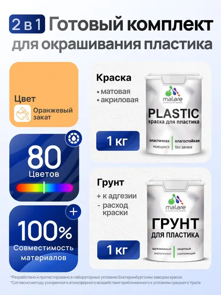 Комплект Malare для окрашивания пластика (1кг грунт + 1 кг краска) акриловый без запаха быстросохнущий матовый, цвет оранжевый закат