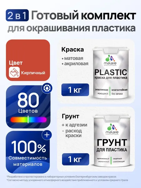 Комплект Malare для окрашивания пластика (1кг грунт + 1 кг краска) акриловый без запаха быстросохнущий матовый, цвет кирпичный
