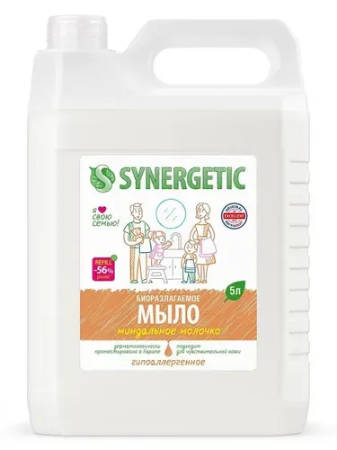 Жидкое мыло для рук SYNERGETIC "Миндальное молочко" 5л, гипоаллергенное