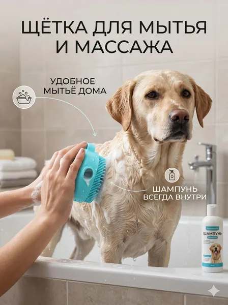 Щётка для мытья и массажа животных, с ёмкостью для шампуня, пластик, бирюзовая