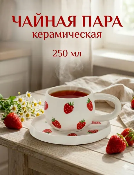 Чайная пара "Клубничка", чашка с блюдцем, объем 280 мл., керамическая, подарочная