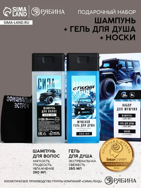 Подарочный набор Самый крутой , шампунь для волос 250 мл, гель для душа 250 мл и мужские носки, Чистое счастье