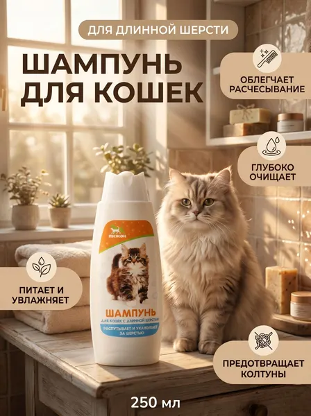 Шампунь для кошек, длинношерстных, от линьки, 250 мл
