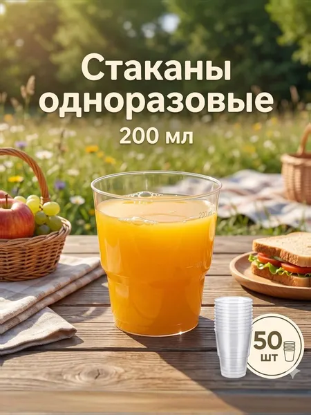 Стаканы одноразовые 200 мл/50 шт "Кристалл", пластик, цвет прозрачный