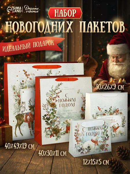 Пакеты подарочные новогодние, набор 4 шт.