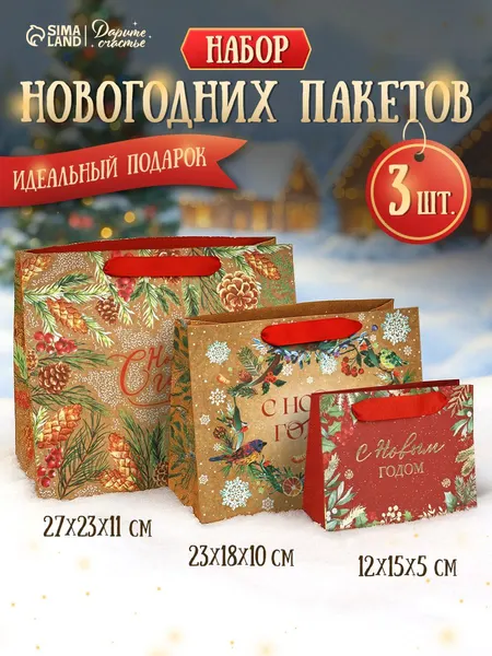 Пакеты новогодние подарочные, набор 3 шт.