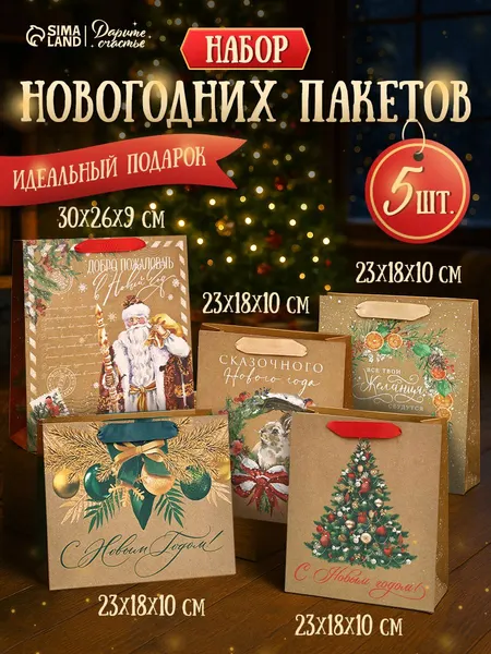 Подарочные пакеты новогодние, набор, 5 шт