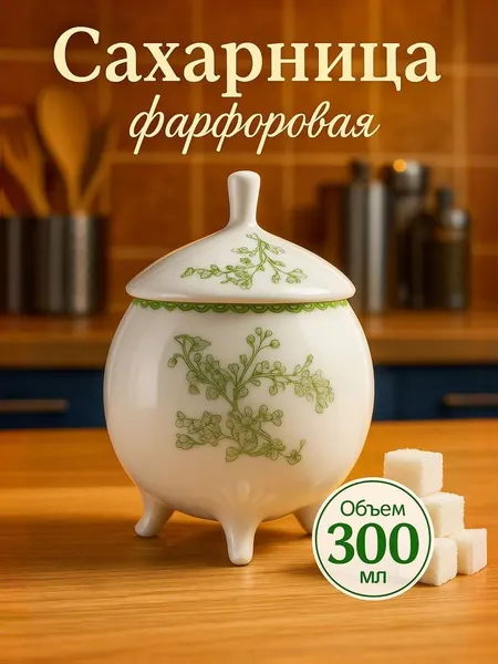 Сахарница с крышкой 300 мл, фарфоровая