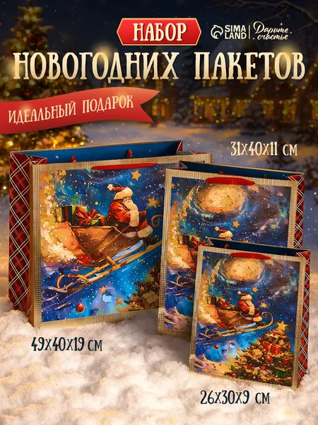 Пакеты подарочные новогодние, набор 3 шт