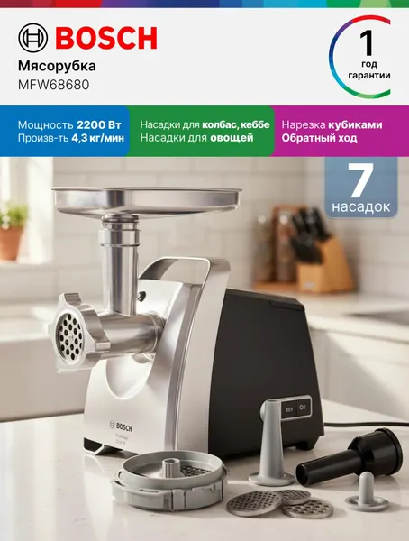 Мясорубка электрическая Bosch MFW68680 2200 Вт, черный/серый