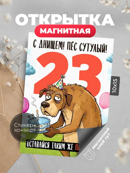 Розовый Гусь Открытка с днем рождения Пес 23 года магнитная
