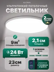 Люстра потолочная светодиодная, лампа потолочная в ванную, светильник на кухню 24Вт, 23см, белый с пультом ДУ