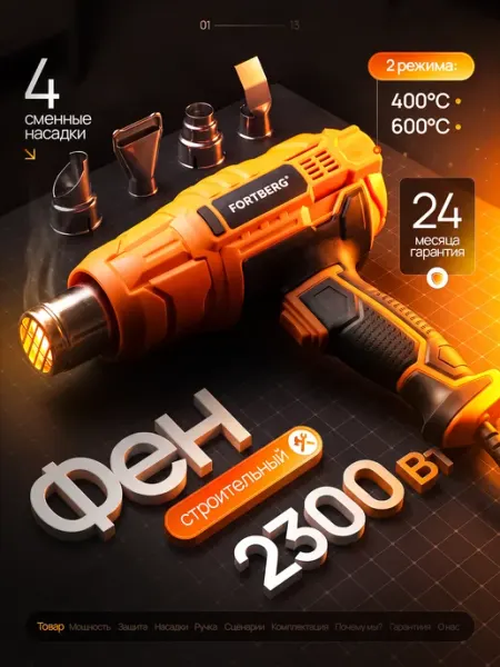 FORTBERG Профессиональный строительный фен технический 2300 Вт