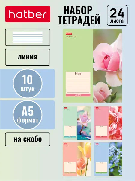 Hatber Тетрадь 24 листа линия 5 дизайнов 10 штук