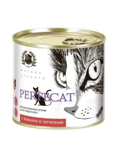 PERFECAT, влажный корм, корм для кошек, мясное ассорти с языком и печенью, 240 г