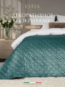 Estia Покрывало на диван, на кровать Евро-макси "Вилен" стеганое, бархат, 240x260, голубое